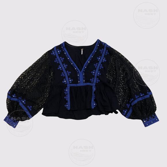 Free People M Boogie All Night Peasant Blouse | Black Lace, Blue Embroidery - Picture 2 of 7